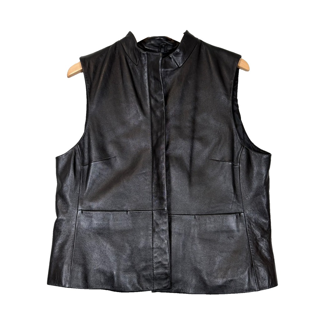 Coldwater Creek Vest Black Leather 5- Button Large Biker Vest Soft‎ Lightweight